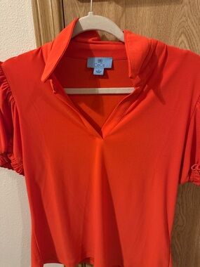 CeCe Collared V-Neck Short Sleeve Top - Vibrant Orange